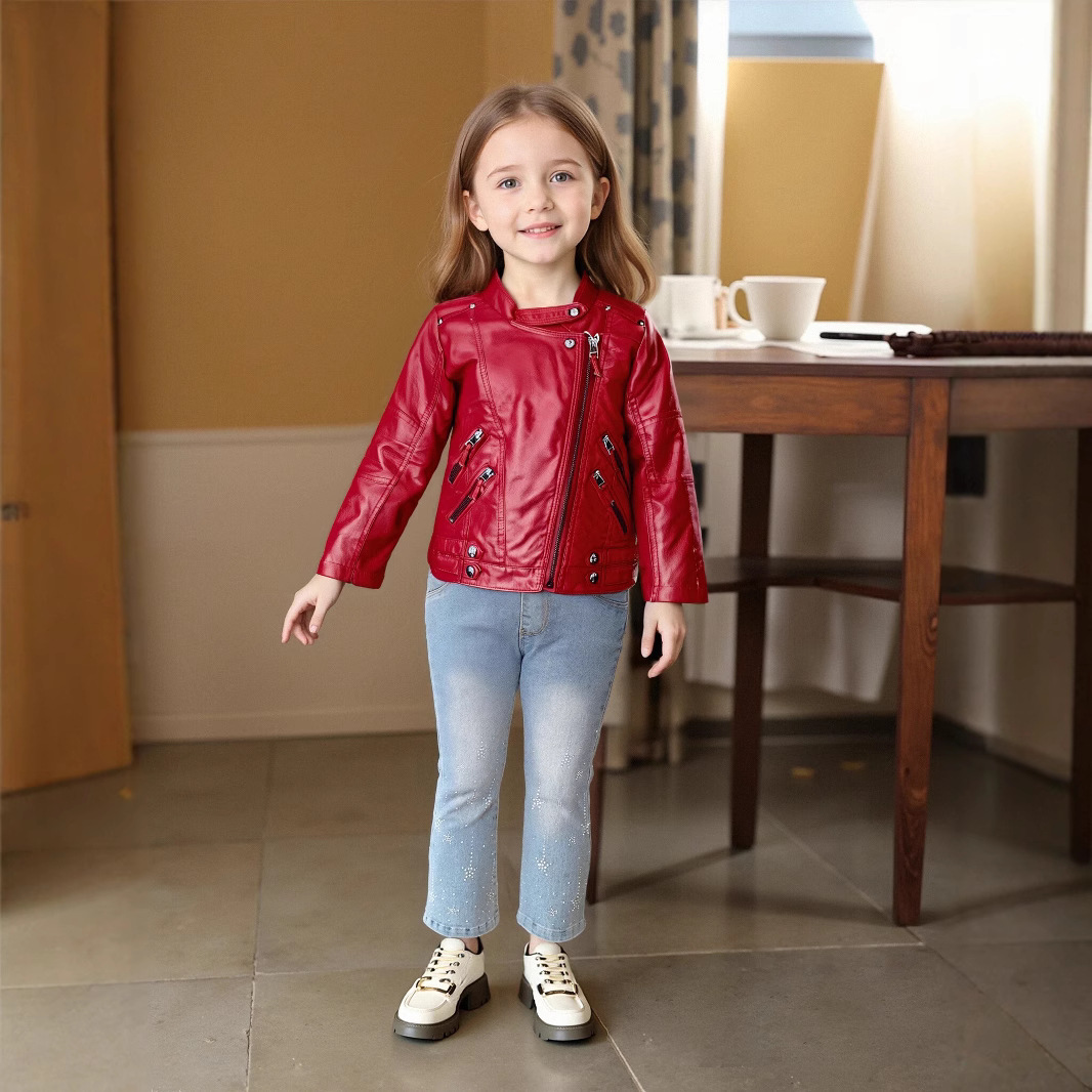 Streetwear Brand Red Logo - ティーンキッズストリート写真撮影着用 2-12Y 女の子クリスマスピンクレッドオートバイ Pu レザージャケット子供防水防風コート